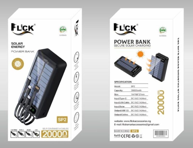 Flick 20000mAh SP2 Solar Power Bank With 4 Self Contained Cables
