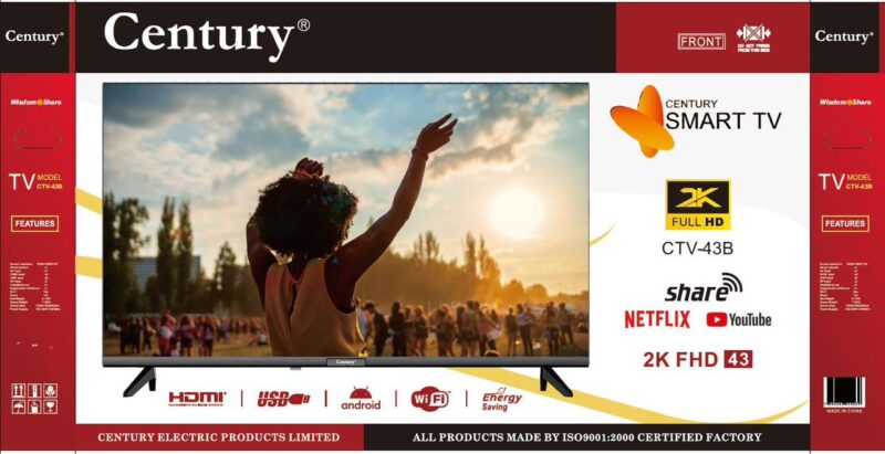 Century 43 Inches Smart 2K UHD TV (CTV-43B) + 1 YEAR WARRANTY