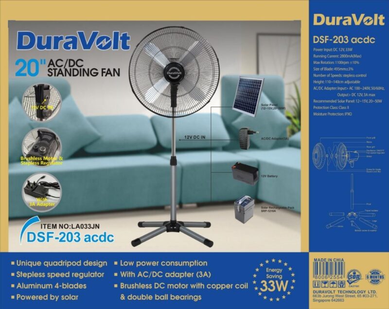 33W Duravolt 20 Inches AC/DC Standing Fan